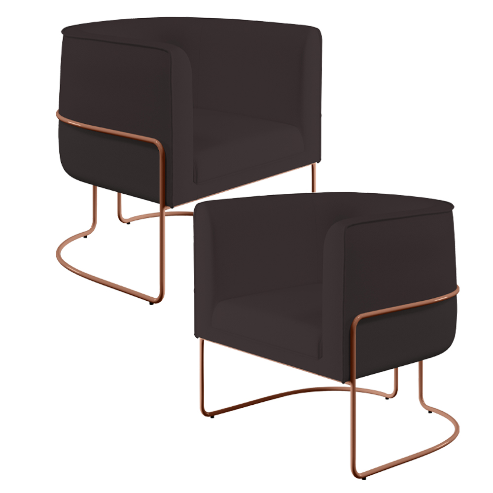 Kit 02 Poltronas Decorativas Fixas Base De Aço Cobre Betina D02 Corano Marrom B-98 - Lyam Decor
