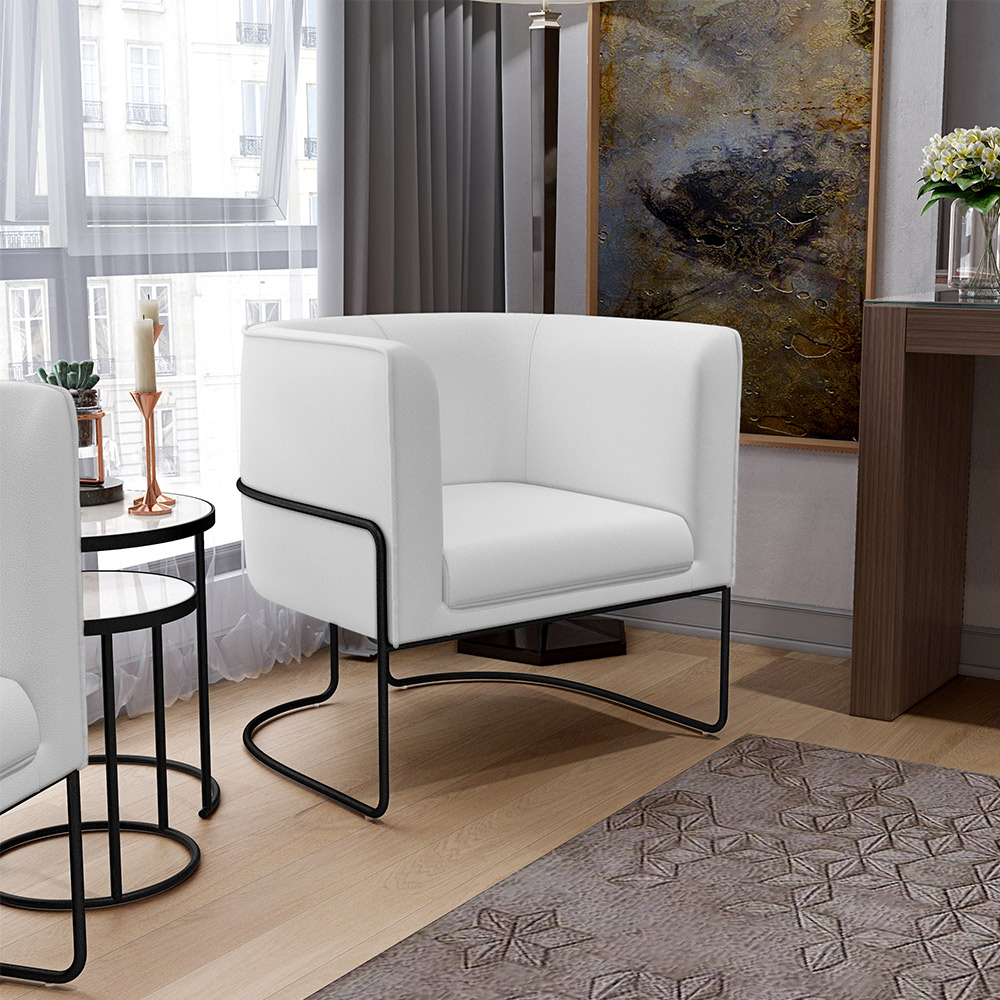 Kit 02 Poltronas Decorativas Fixas Base De Aço Preto Betina D02 Corano Branco C-12 - Lyam Decor