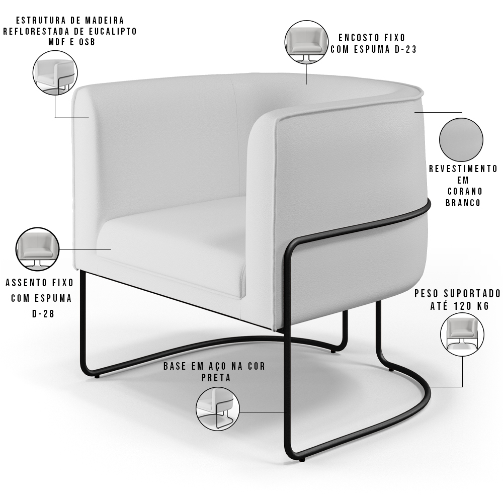 Kit 02 Poltronas Decorativas Fixas Base De Aço Preto Betina D02 Corano Branco C-12 - Lyam Decor