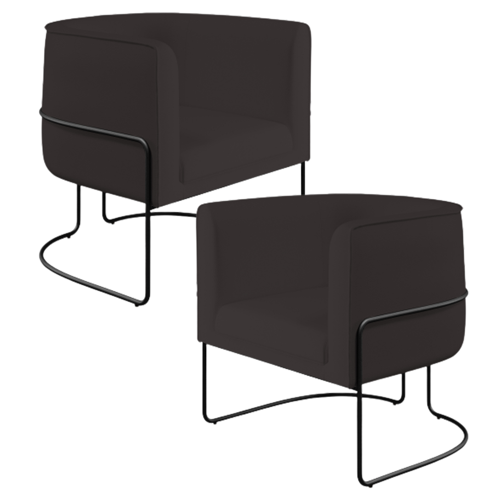 Kit 02 Poltronas Decorativas Fixas Base De Aço Preto Betina D02 Corano Marrom B-98 - Lyam Decor