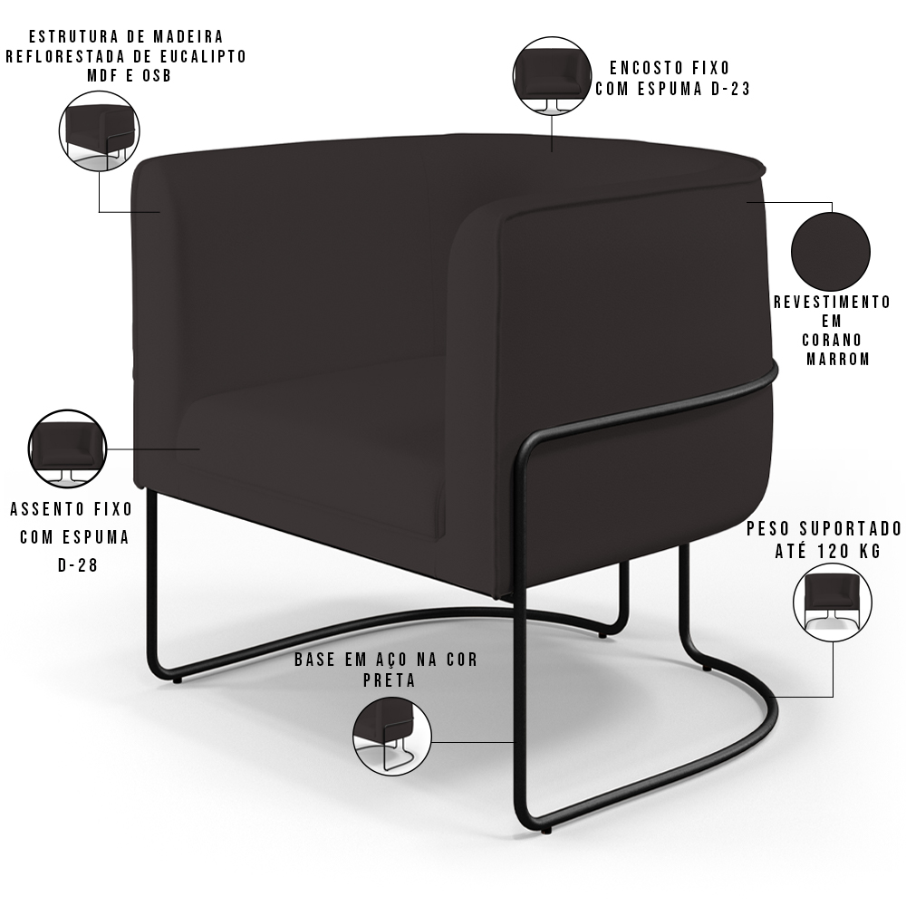 Kit 02 Poltronas Decorativas Fixas Base De Aço Preto Betina D02 Corano Marrom B-98 - Lyam Decor