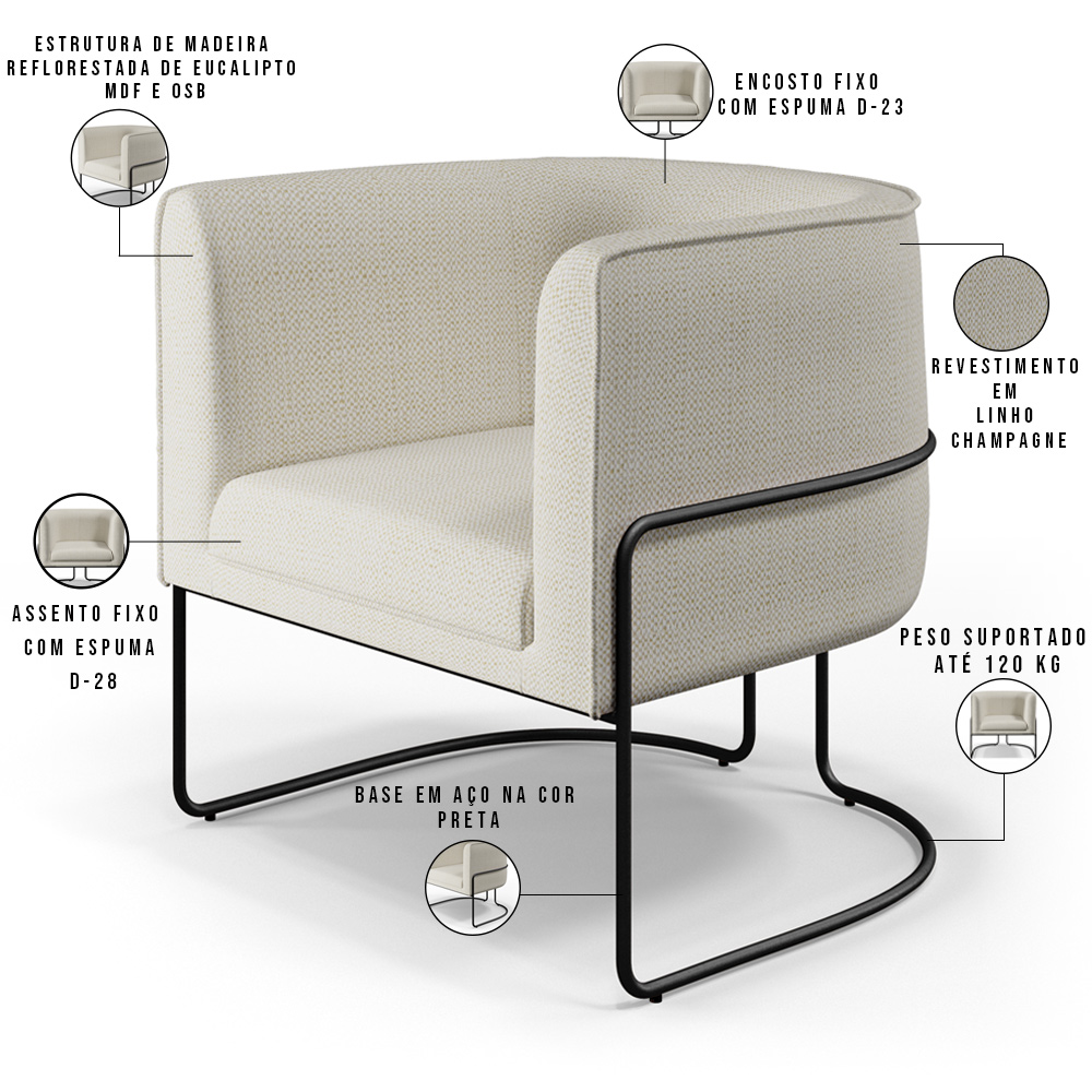 Kit 02 Poltronas Decorativas Fixas Base De Aço Preto Betina D02 Linho Champagne A-49 - Lyam Decor
