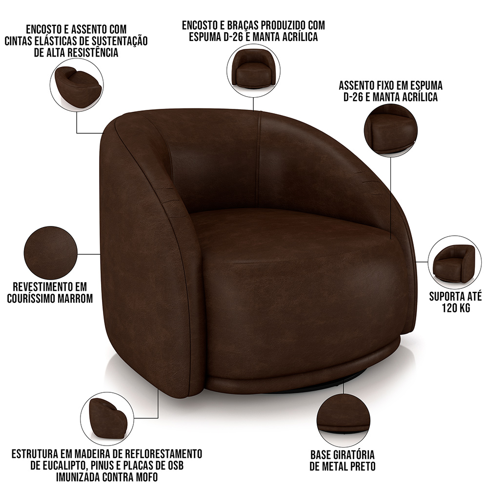 Kit 02 Poltronas Decorativas Giratória Angelina M03 Couríssimo Marrom - Lyam Decor