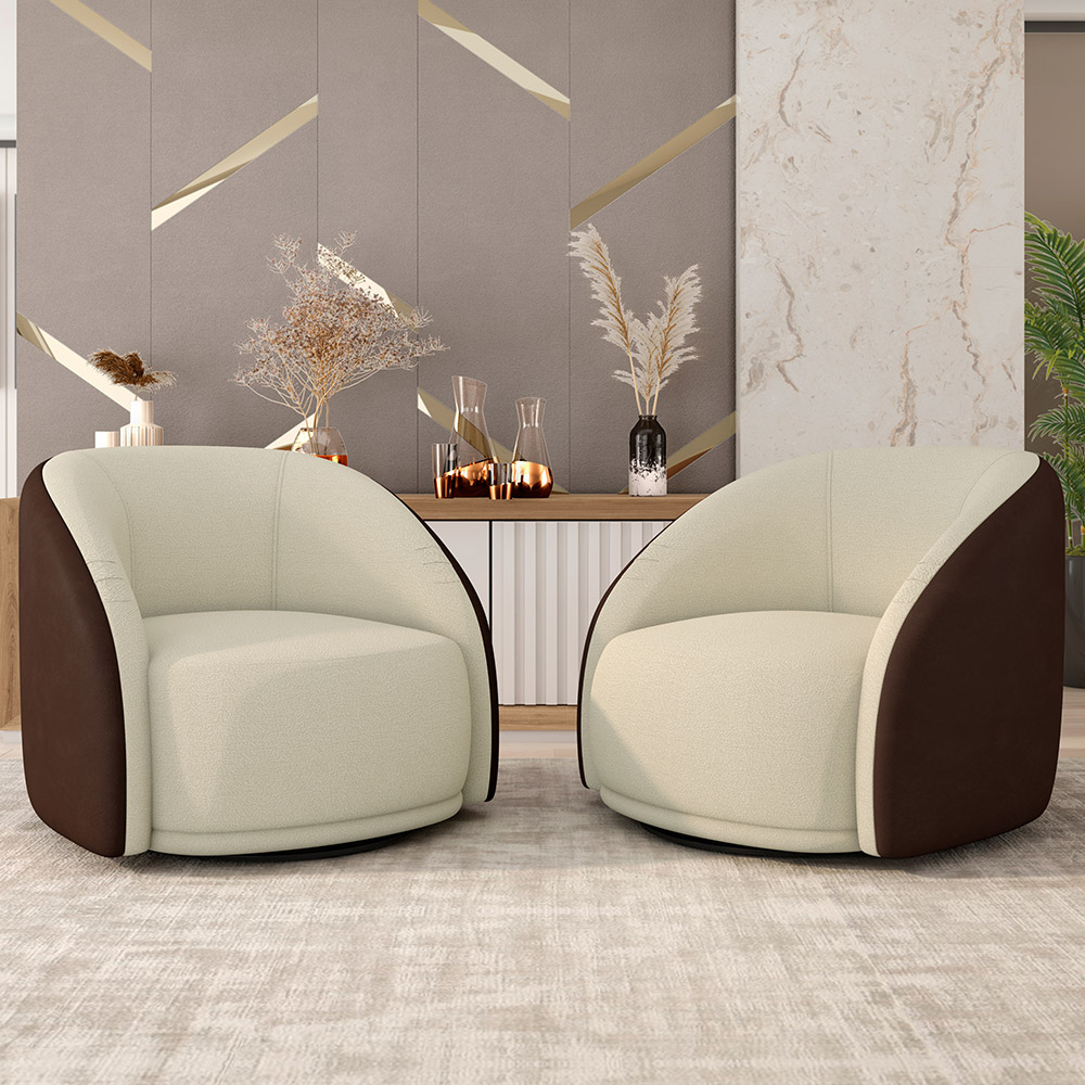 Kit 02 Poltronas Decorativas Giratória Angelina M03 Couríssimo Marrom Bouclê Bege - Lyam Decor