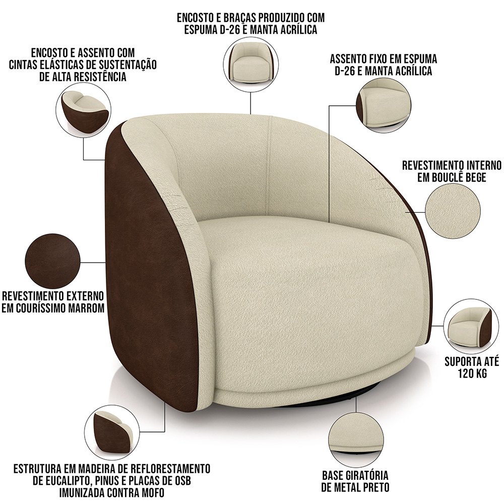 Kit 02 Poltronas Decorativas Giratória Angelina M03 Couríssimo Marrom Bouclê Bege - Lyam Decor