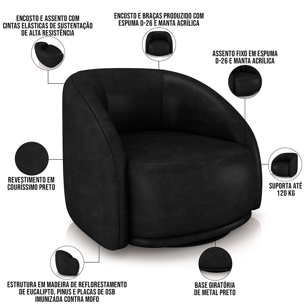 Kit 02 Poltronas Decorativas Giratória Angelina M03 Couríssimo Preto - Lyam Decor