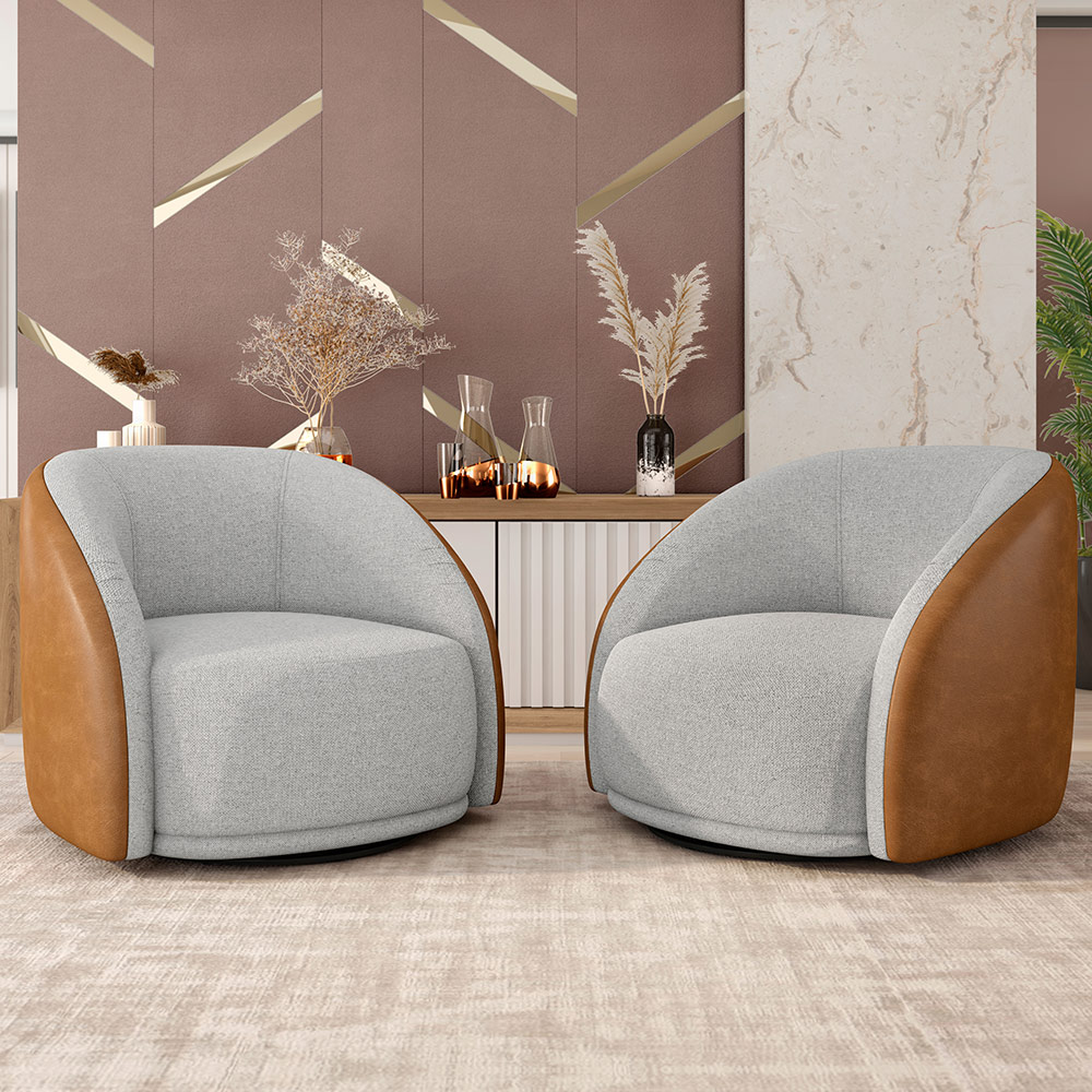 Kit 02 Poltronas Decorativas Giratória Angelina M03 Couríssimo Whisky Linho Cinza - Lyam Decor