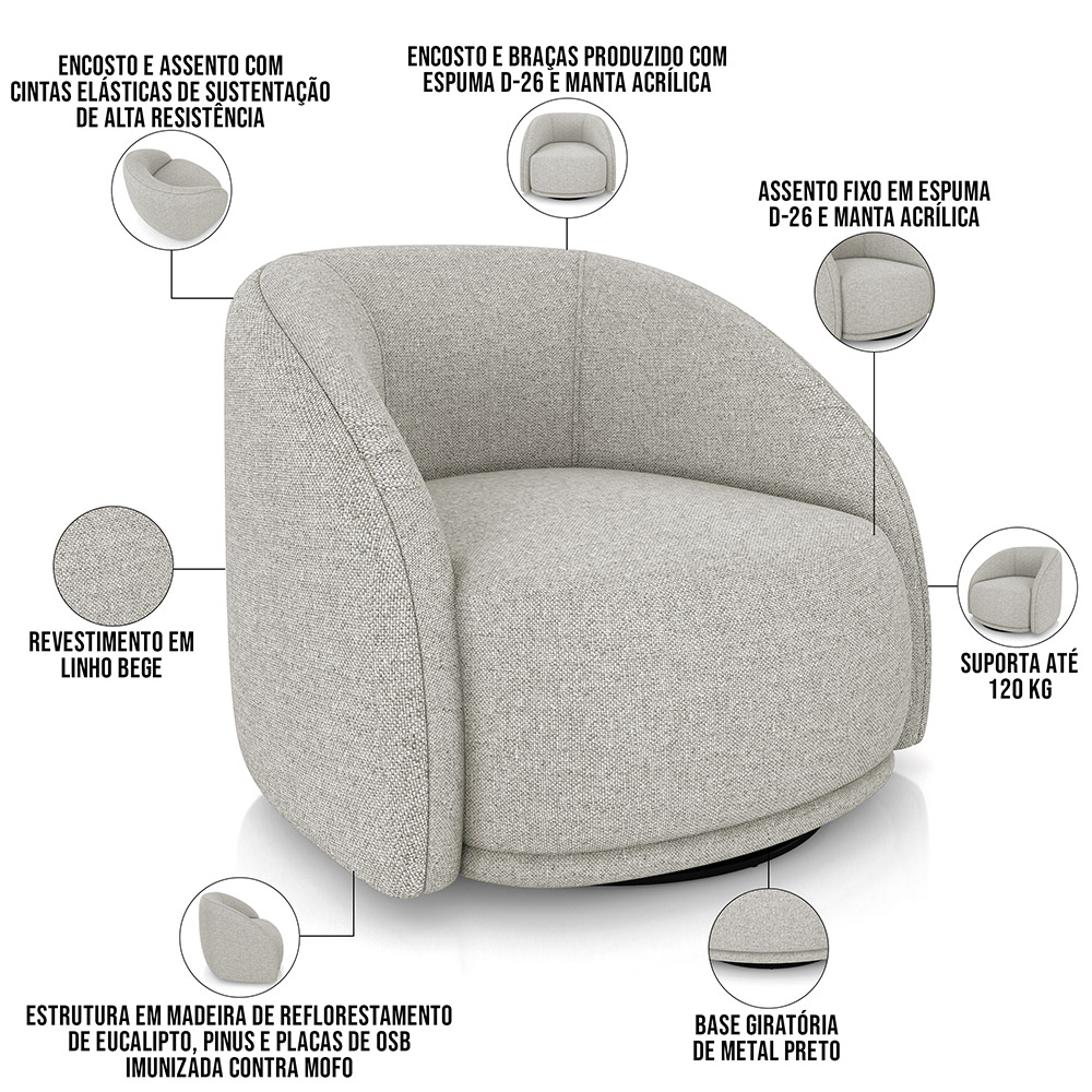 Kit 02 Poltronas Decorativas Giratória Angelina M03 Linho Bege - Lyam Decor