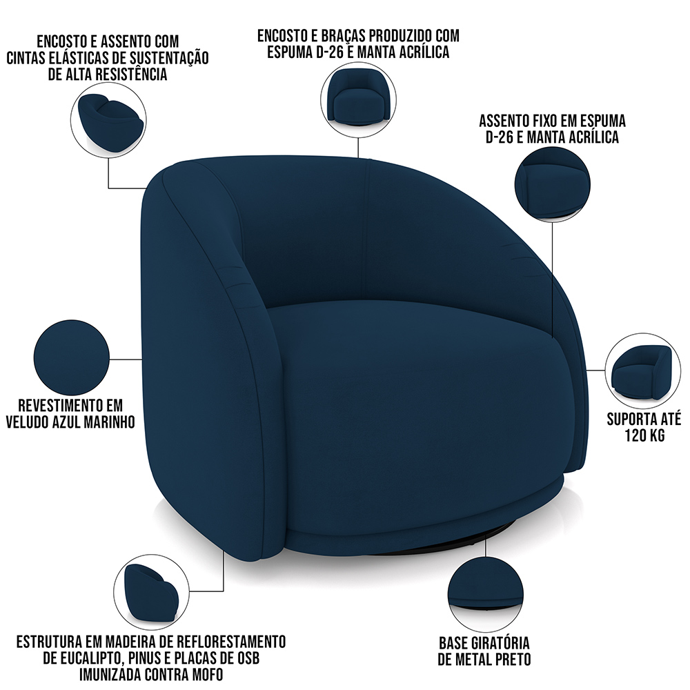 Kit 02 Poltronas Decorativas Giratória Angelina M03 Veludo Azul Marinho - Lyam Decor
