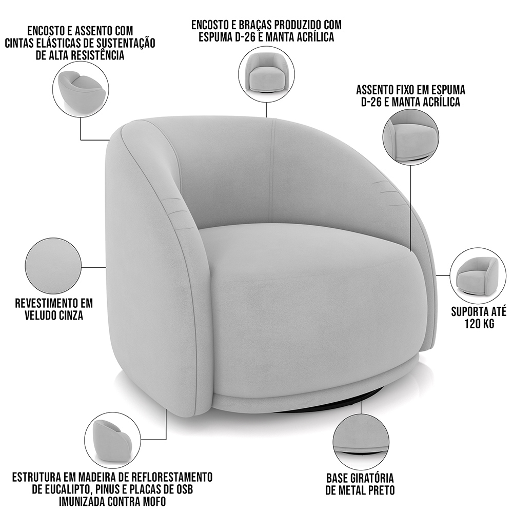 Kit 02 Poltronas Decorativas Giratória Angelina M03 Veludo Cinza - Lyam Decor