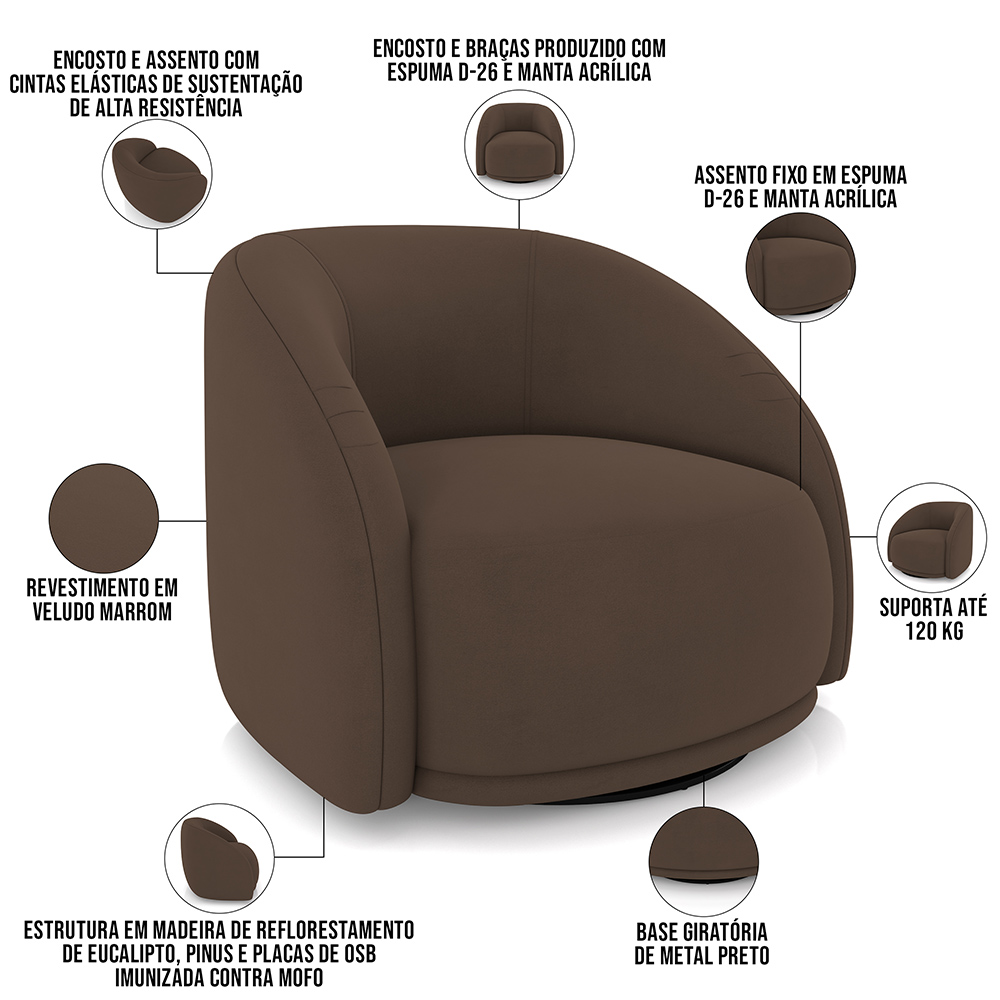 Kit 02 Poltronas Decorativas Giratória Angelina M03 Veludo Marrom - Lyam Decor