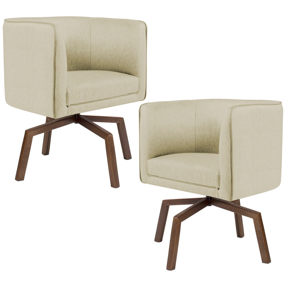 Kit 02 Poltronas Decorativas Giratória Base Ka Betina D02 Linho Bege C-129- Lyam Decor