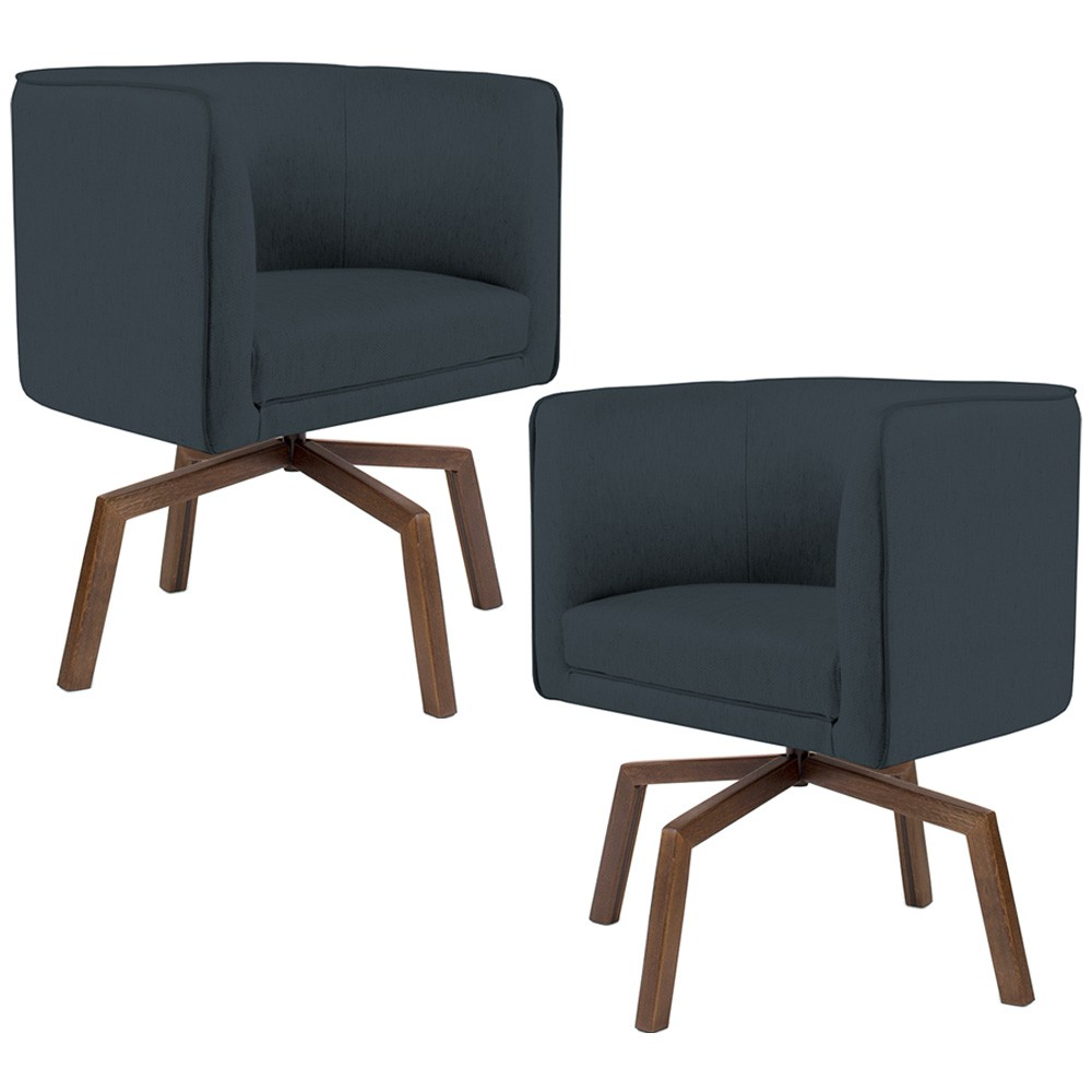 Kit 02 Poltronas Decorativas Giratória Base Ka Betina D02 Linho Chumbo C-465 - Lyam Decor