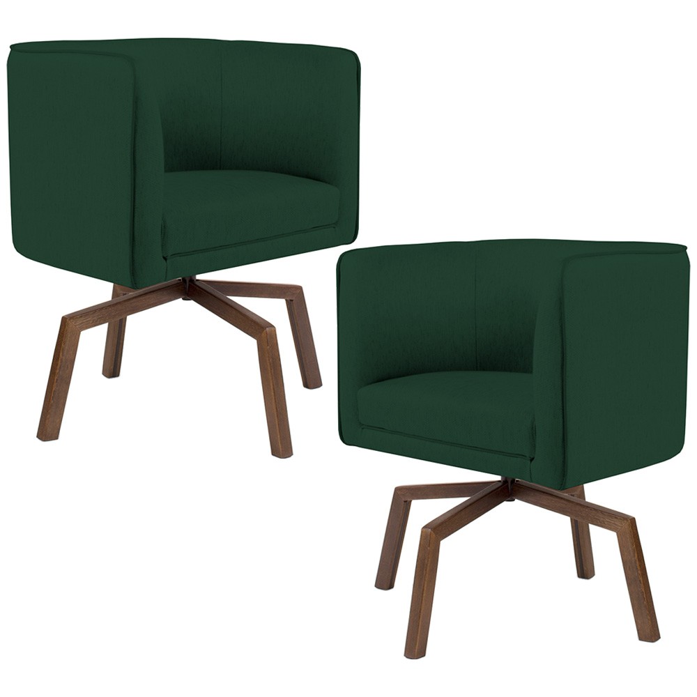 Kit 02 Poltronas Decorativas Giratória Base Ka Betina D02 Linho Verde Musgo C-117 - Lyam Decor
