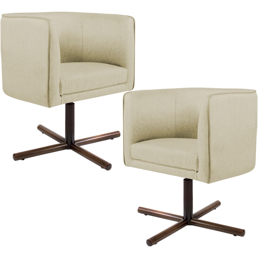 Kit 02 Poltronas Decorativas Giratória Base X Betina D02 Linho Bege C-129 - Lyam Decor