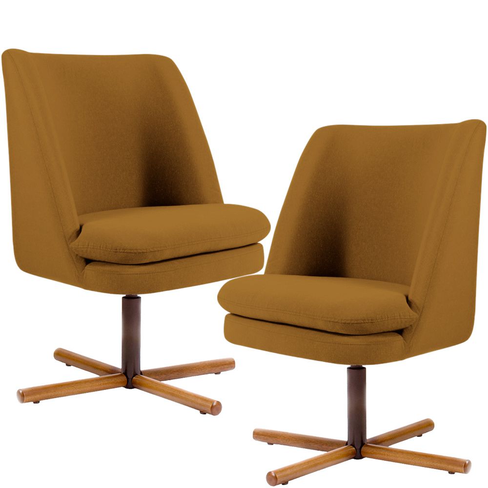 Kit 02 Poltronas Decorativas Giratória Base X Pérsia D02 Veludo Mostarda B-260 - Lyam Decor