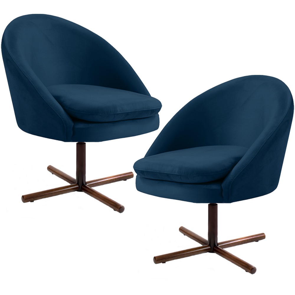 Kit 02 Poltronas Decorativas Giratória Base X Rafa D02 Veludo Azul Oxford B-304 - Lyam Decor