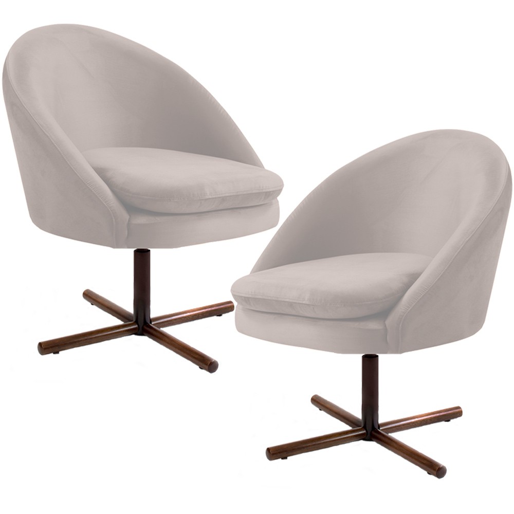 Kit 02 Poltronas Decorativas Giratória Base X Rafa D02 Veludo Bege B-309 - Lyam Decor