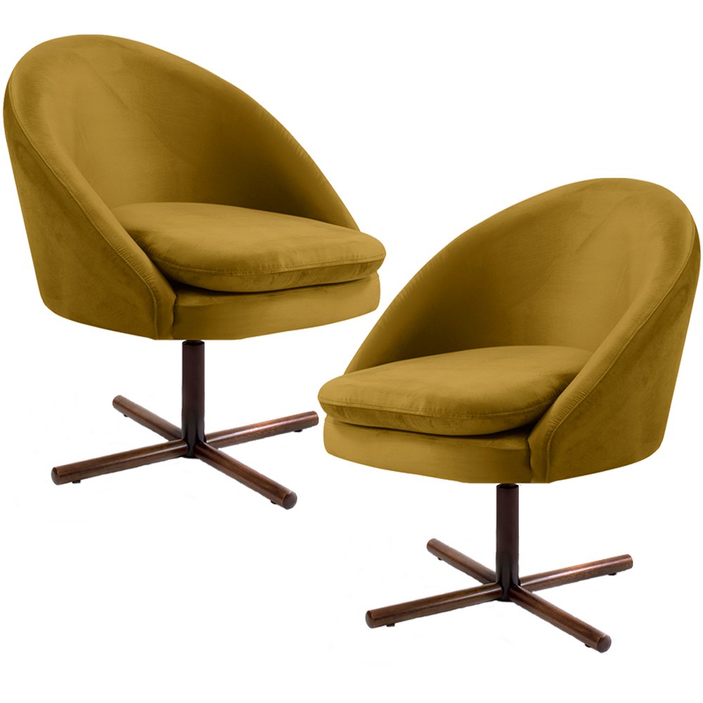 Kit 02 Poltronas Decorativas Giratória Base X Rafa D02 Veludo Mostarda B-279 - Lyam Decor