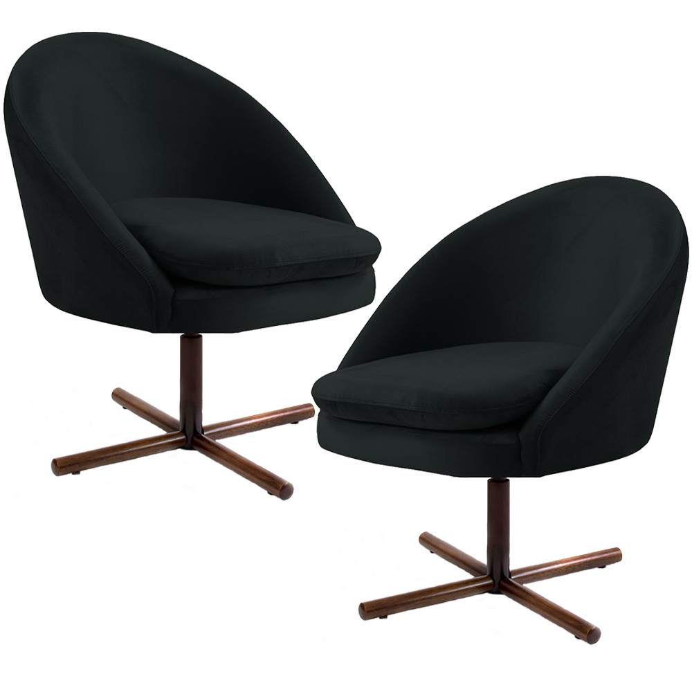 Kit 02 Poltronas Decorativas Giratória Base X Rafa D02 Veludo Preto B-300 - Lyam Decor