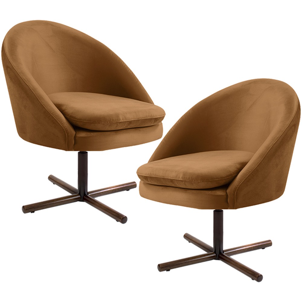 Kit 02 Poltronas Decorativas Giratória Base X Rafa D02 Veludo Telha B-262 - Lyam Decor