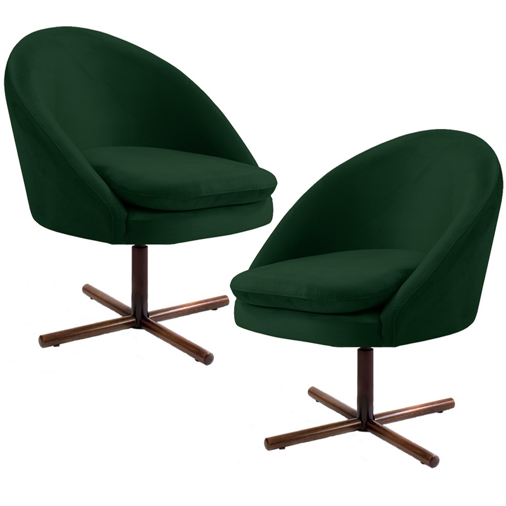 Kit 02 Poltronas Decorativas Giratória Base X Rafa D02 Veludo Verde B-303 - Lyam Decor