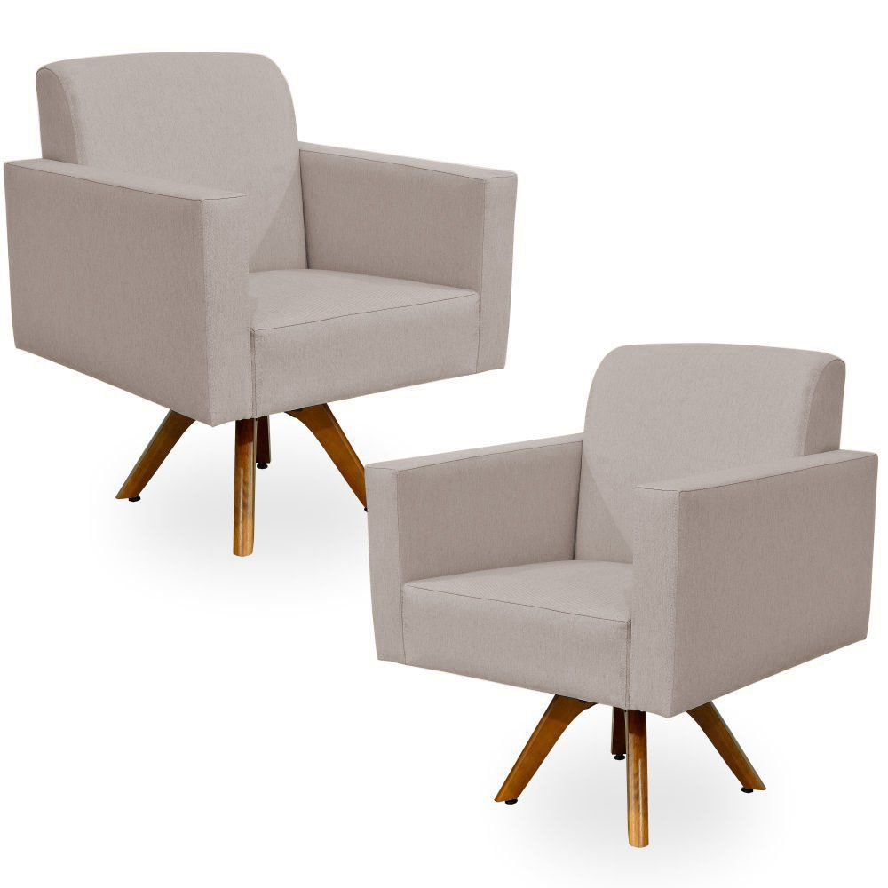 Kit 02 Poltronas Decorativas Giratória Madeira Sala Estar Helô L02 Linho Bege - Lyam Decor