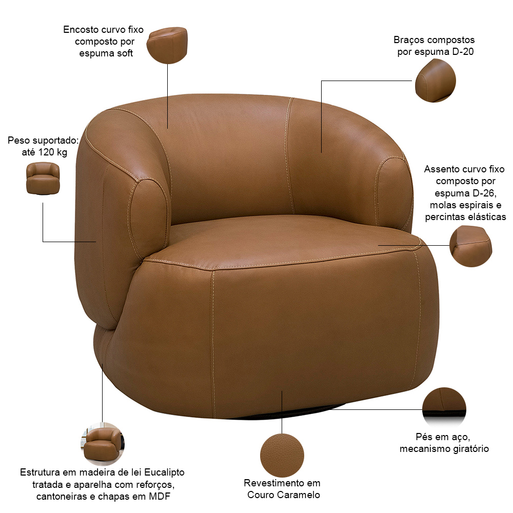 Kit 02 Poltronas Decorativas Giratória Orgânica Sala Living Begur L06 Couro Caramelo - Lyam Decor