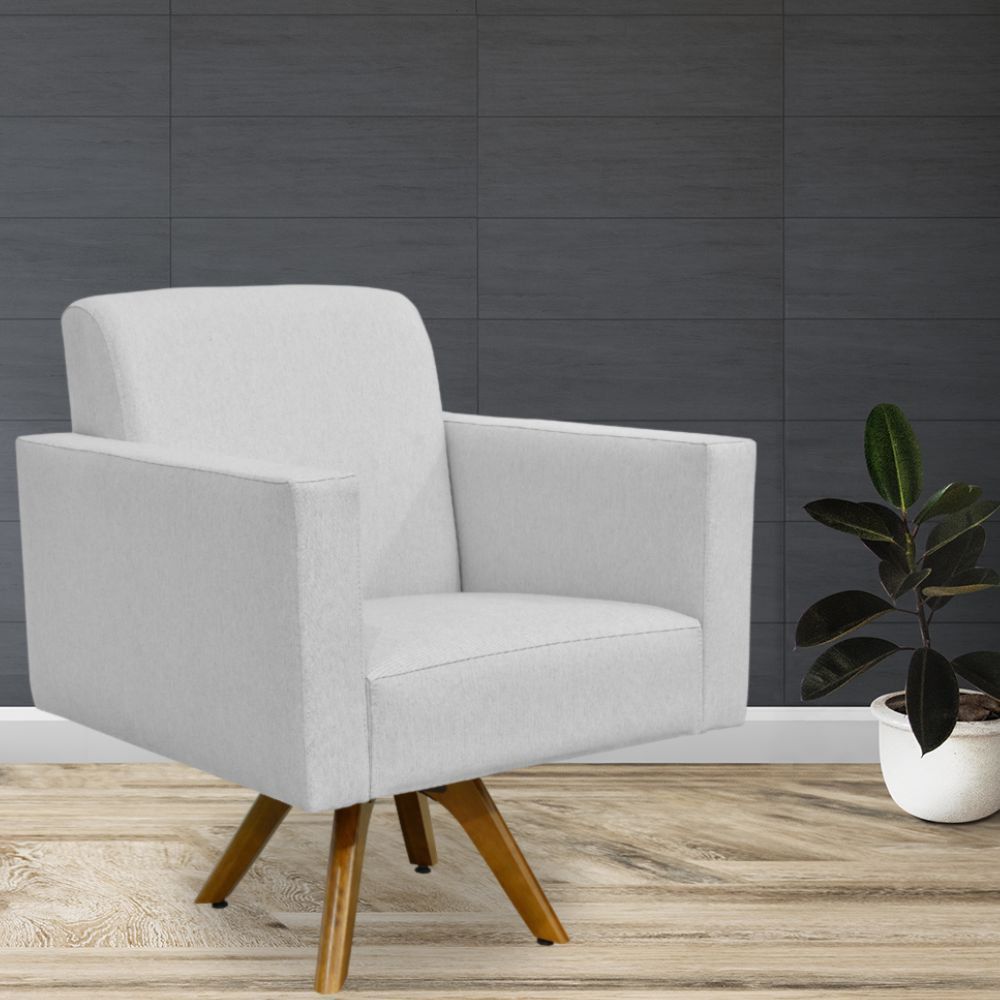 Kit 02 Poltronas Decorativas Giratória Para Sala Estar Base de Madeira Helô L02 Linho Cinza - Lyam Decor