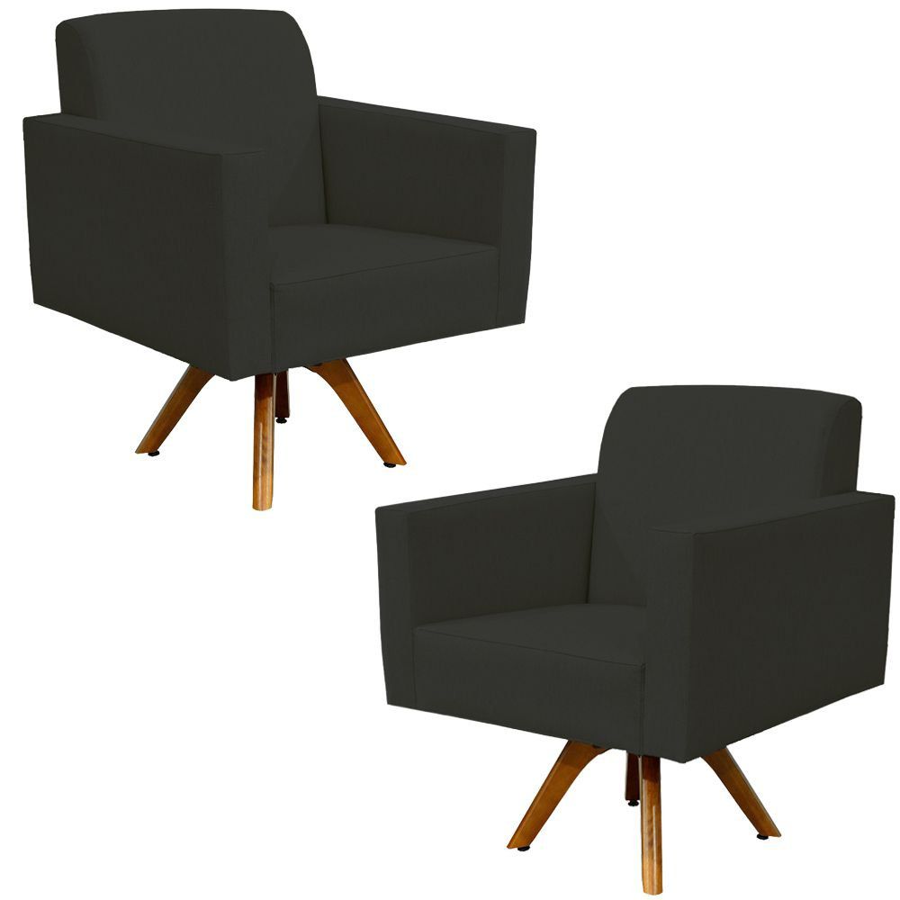 Kit 02 Poltronas Decorativas Giratória Para Sala de Estar Base de Madeira Helô L02 Suede Preto - Lyam Decor