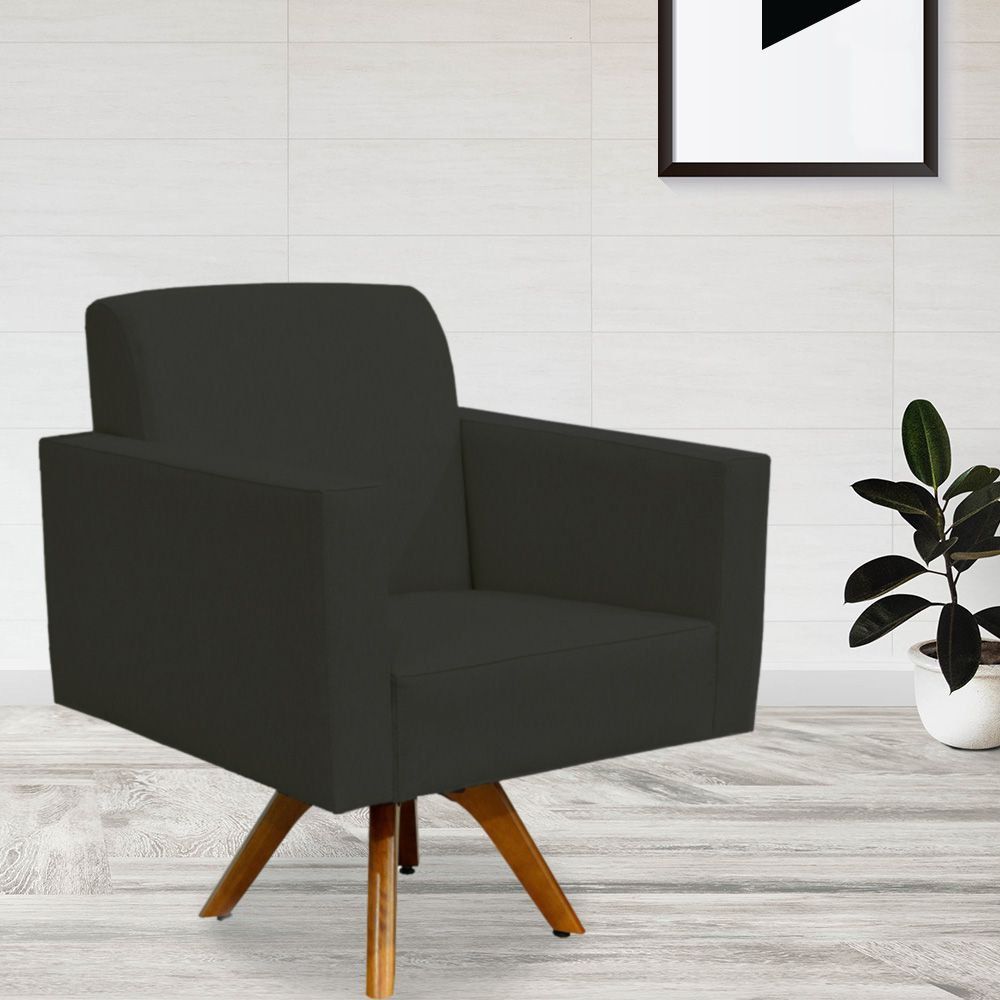 Kit 02 Poltronas Decorativas Giratória Para Sala de Estar Base de Madeira Helô L02 Suede Preto - Lyam Decor
