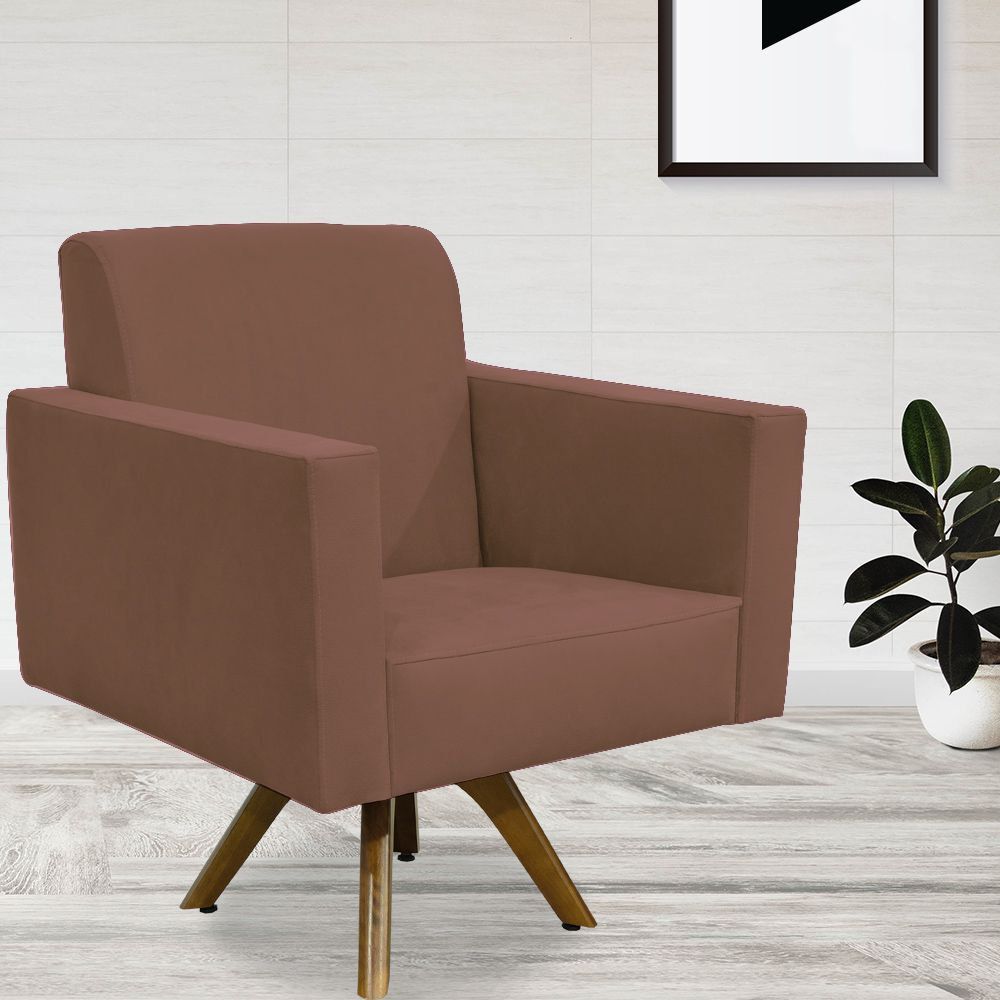 Kit 02 Poltronas Decorativas Giratória Para Sala de Estar Base de Madeira Helô L02 Suede Rosê - Lyam Decor