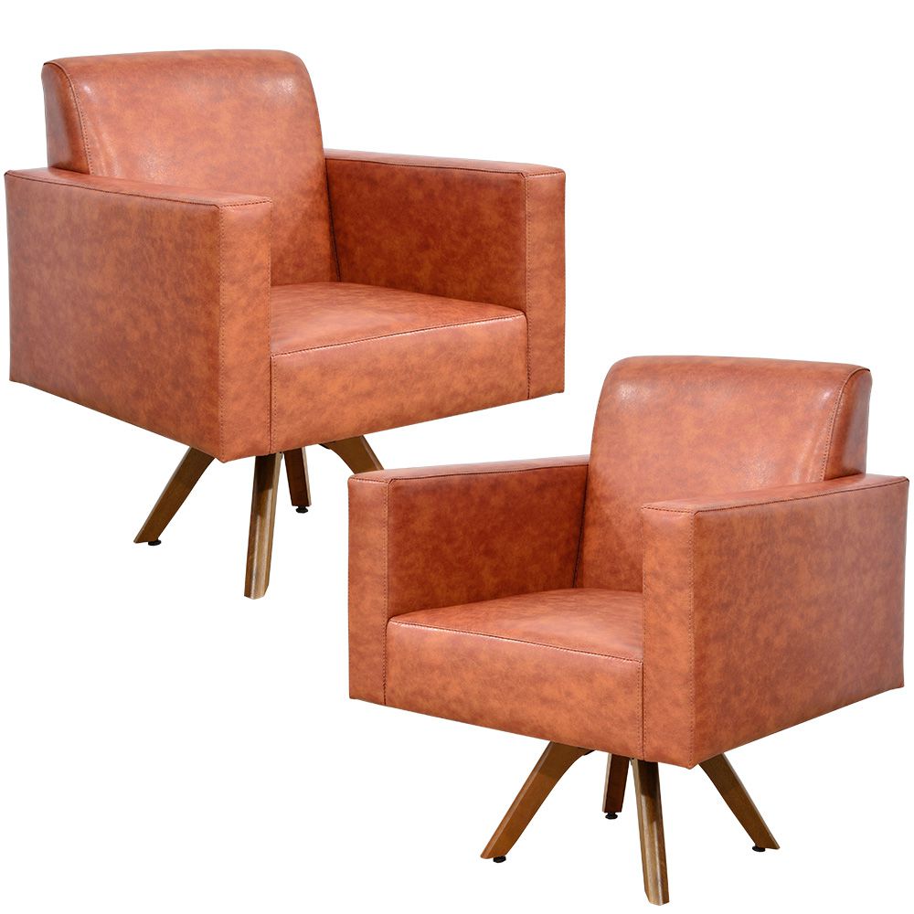 Kit 02 Poltronas Decorativas Giratória Sala Base de Madeira Helô L02 Couríssimo Camel - Lyam Decor