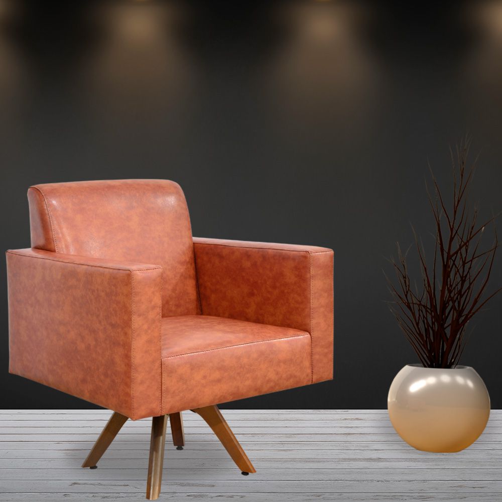 Kit 02 Poltronas Decorativas Giratória Sala Base de Madeira Helô L02 Couríssimo Camel - Lyam Decor