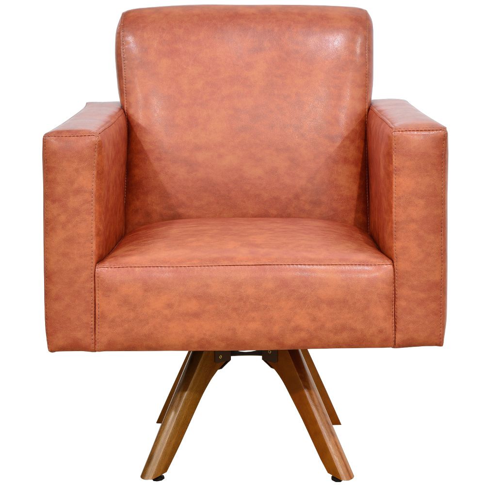 Kit 02 Poltronas Decorativas Giratória Sala Base de Madeira Helô L02 Couríssimo Camel - Lyam Decor