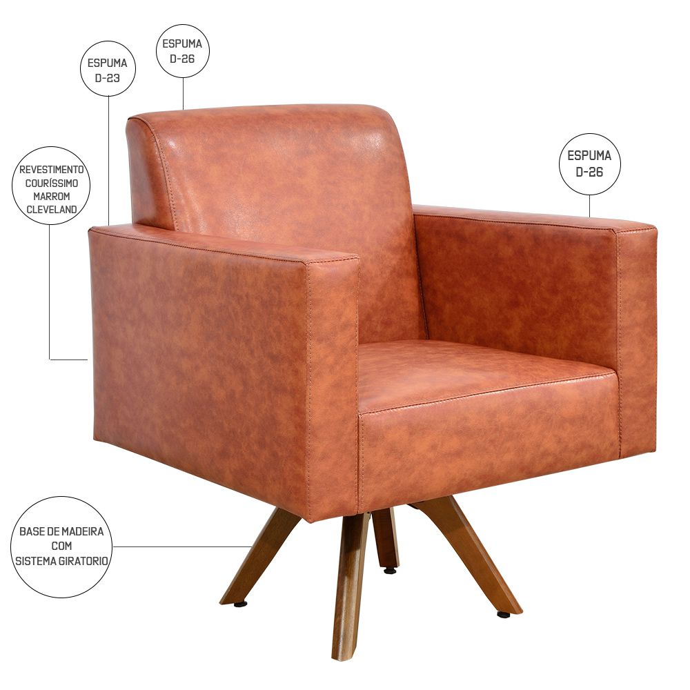 Kit 02 Poltronas Decorativas Giratória Sala Base de Madeira Helô L02 Couríssimo Camel - Lyam Decor