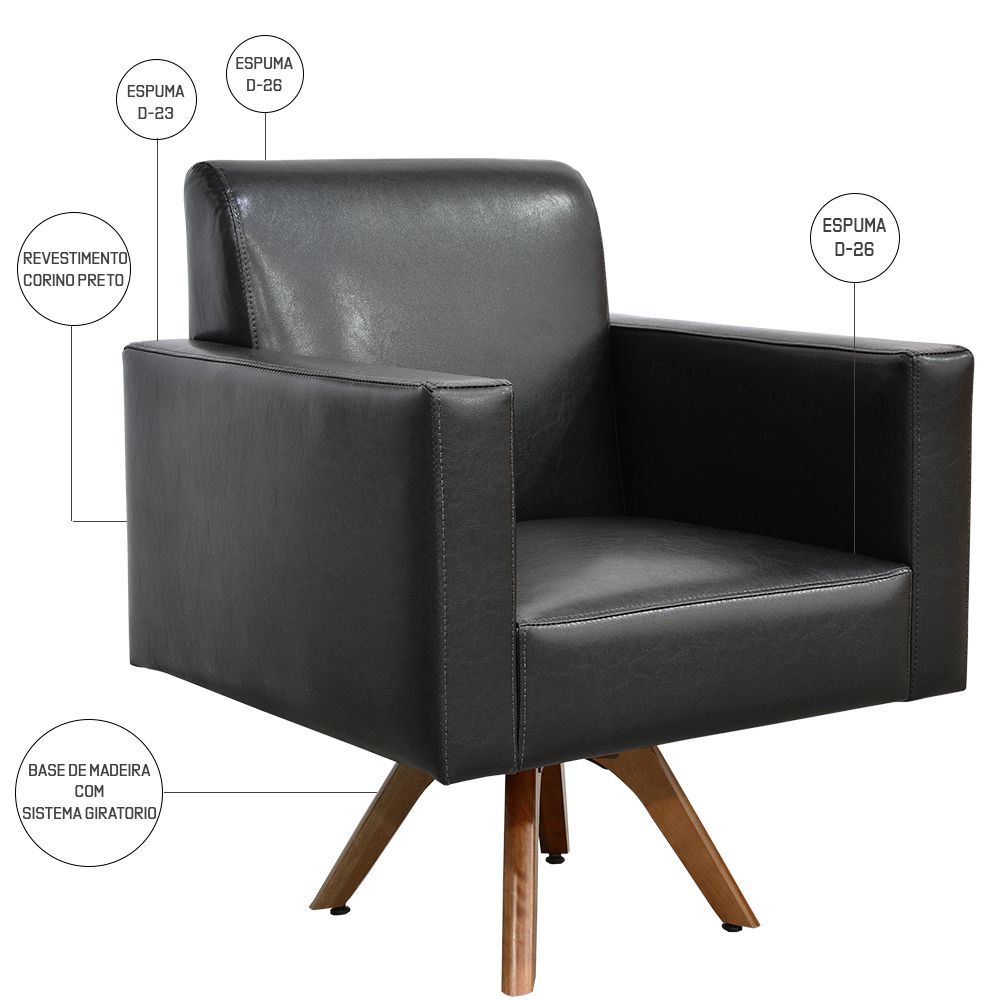 Kit 02 Poltronas Decorativas Giratória Sala Base de Madeira Helô L02 Couríssimo Preto - Lyam Decor