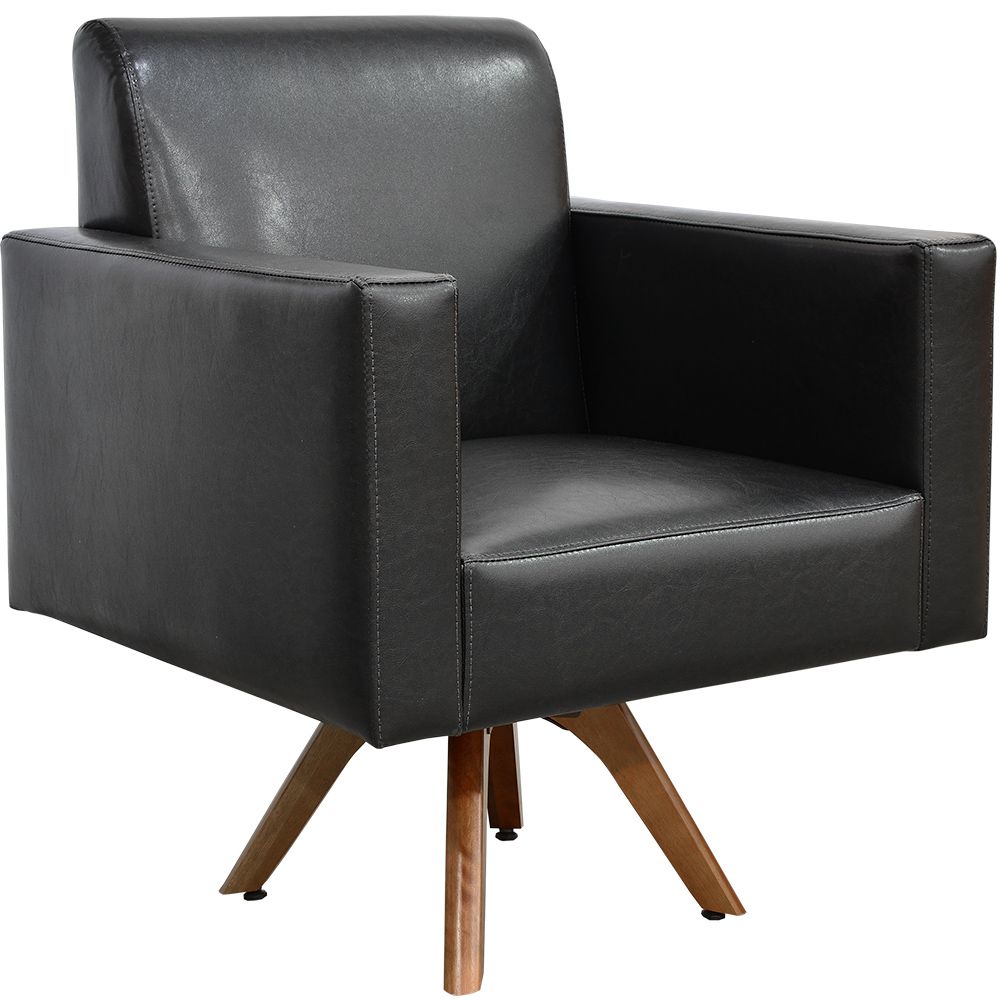 Kit 02 Poltronas Decorativas Giratória Sala Base de Madeira Helô L02 Couríssimo Preto - Lyam Decor