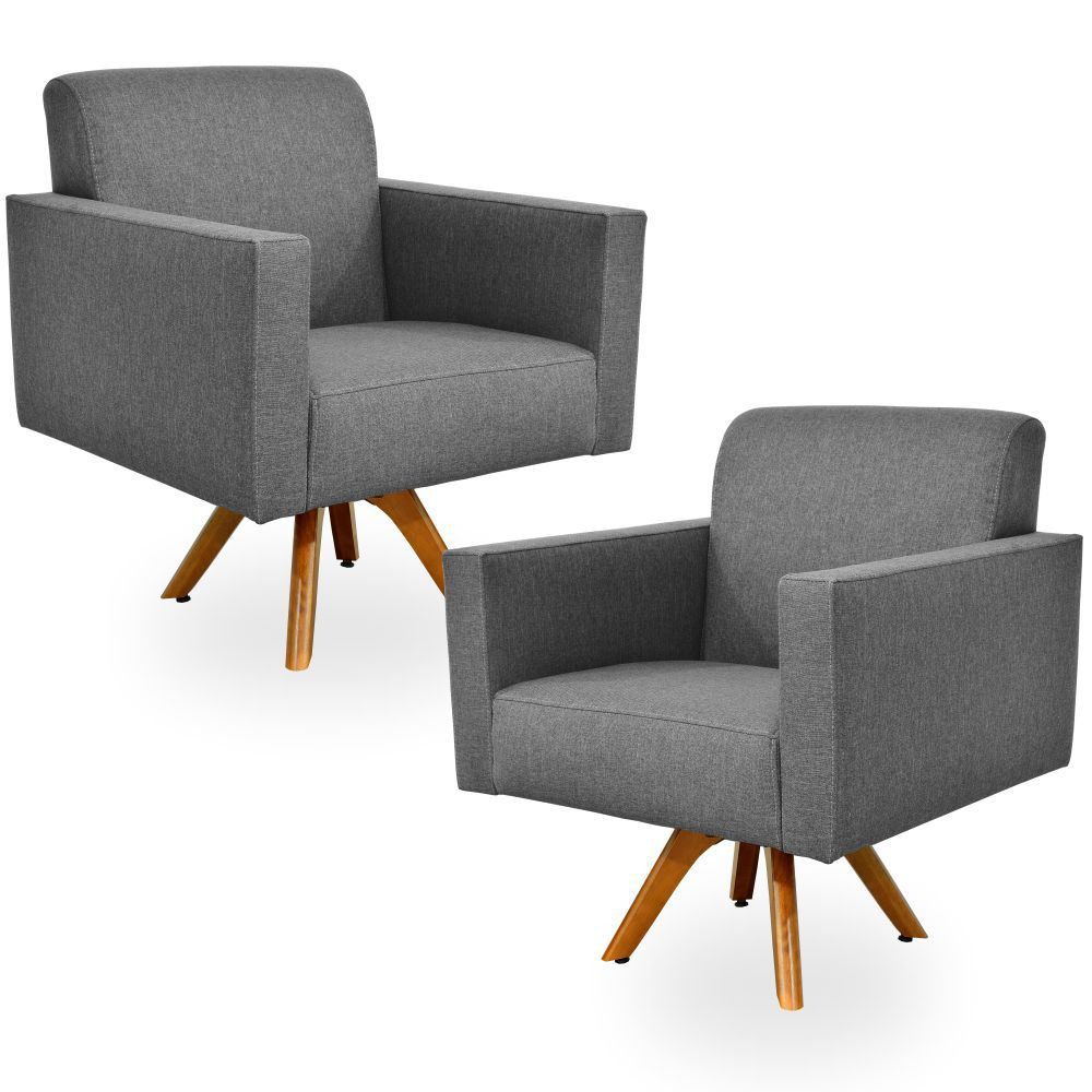 Kit 02 Poltronas Decorativas Giratória Sala Estar Base Madeira Helô L02 Linho Chumbo  - Lyam Decor