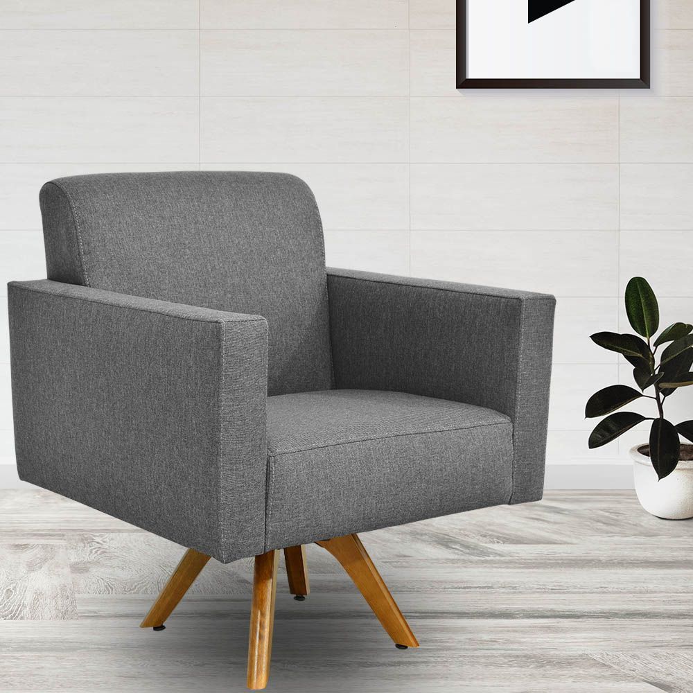Kit 02 Poltronas Decorativas Giratória Sala Estar Base Madeira Helô L02 Linho Chumbo  - Lyam Decor