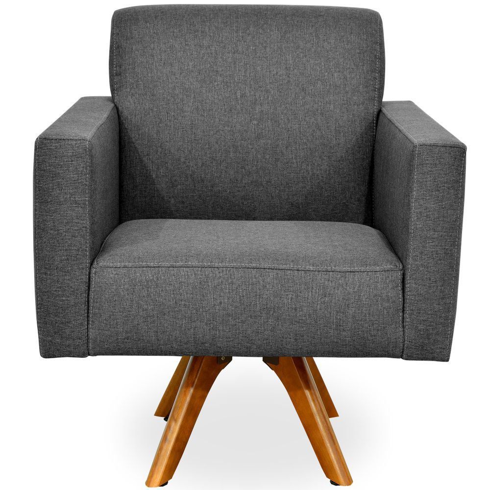 Kit 02 Poltronas Decorativas Giratória Sala Estar Base Madeira Helô L02 Linho Chumbo  - Lyam Decor