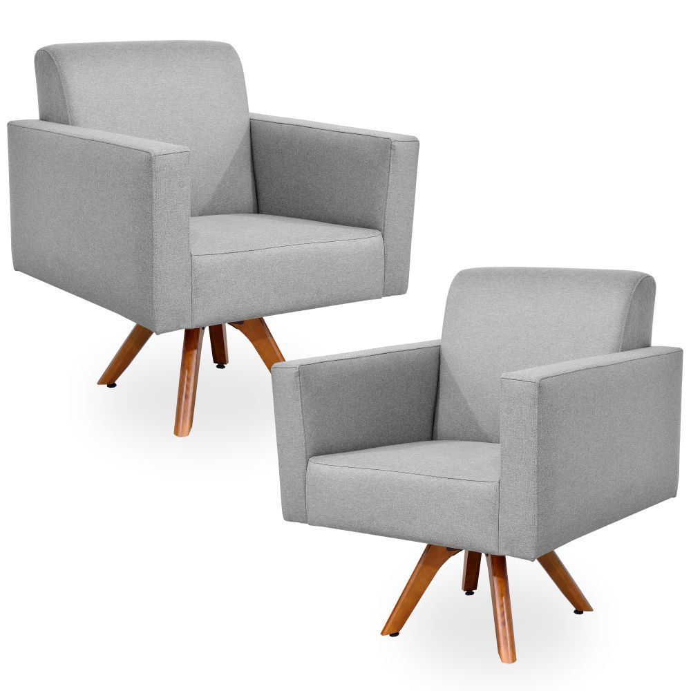 Kit 02 Poltronas Decorativas Giratória Sala Estar Base Madeira Helô L02 Linho Cinza Escuro - Lyam Decor