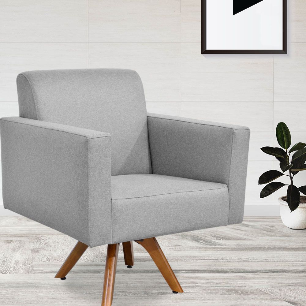 Kit 02 Poltronas Decorativas Giratória Sala Estar Base Madeira Helô L02 Linho Cinza Escuro - Lyam Decor