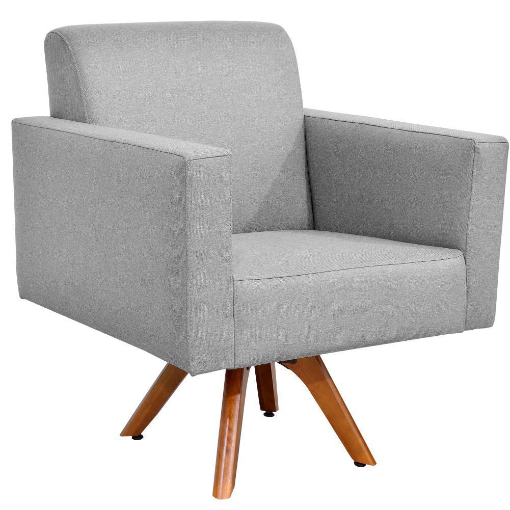 Kit 02 Poltronas Decorativas Giratória Sala Estar Base Madeira Helô L02 Linho Cinza Escuro - Lyam Decor