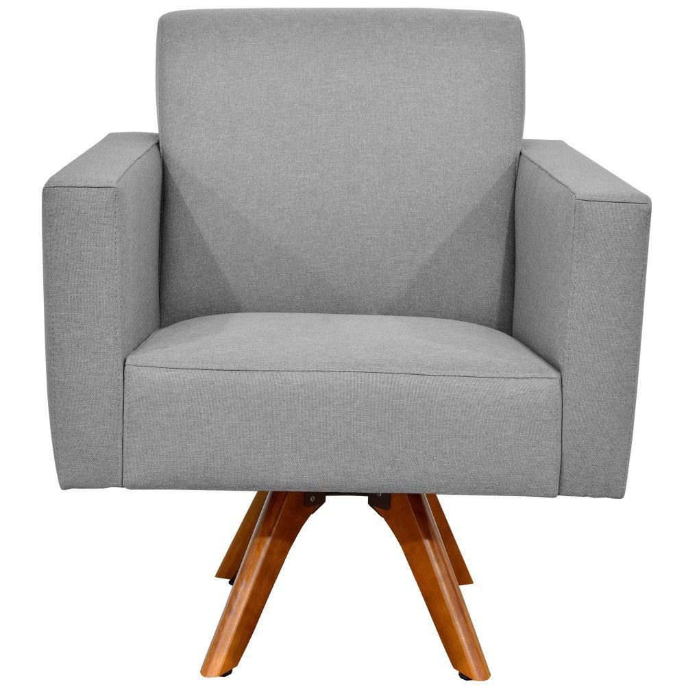 Kit 02 Poltronas Decorativas Giratória Sala Estar Base Madeira Helô L02 Linho Cinza Escuro - Lyam Decor