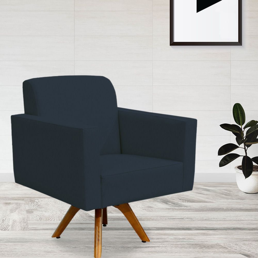 Kit 02 Poltronas Decorativas Giratória Sala de Estar Base de Madeira Helô L02 Suede Azul Marinho - Lyam Decor