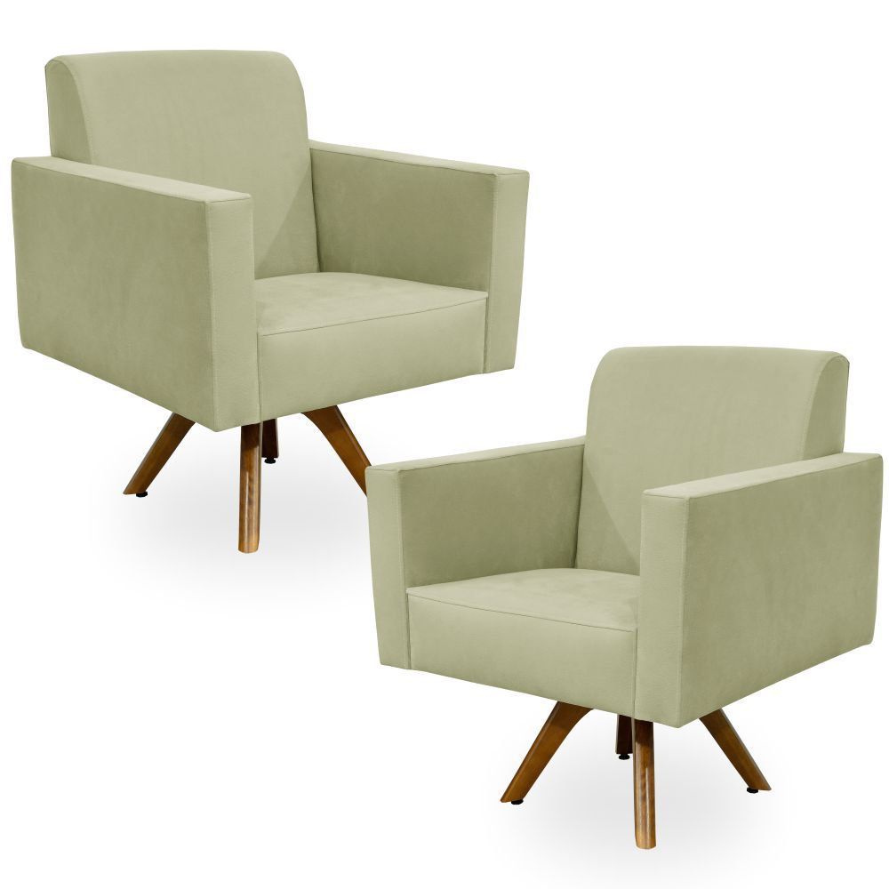 Kit 02 Poltronas Decorativas Giratória Sala de Estar Base de Madeira Helô L02 Suede Bege - Lyam Decor