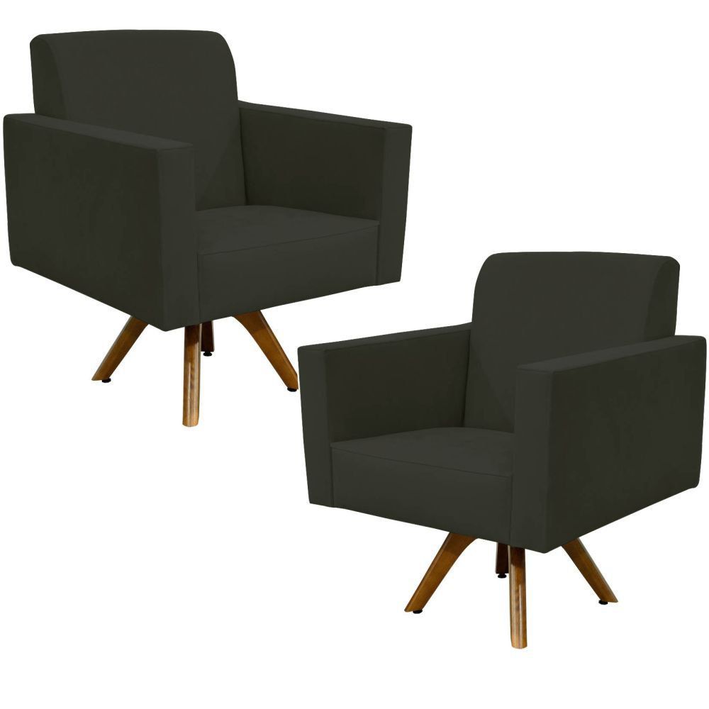 Kit 02 Poltronas Decorativas Giratória Sala de Estar Base de Madeira Helô L02 Suede Cinza - Lyam Decor