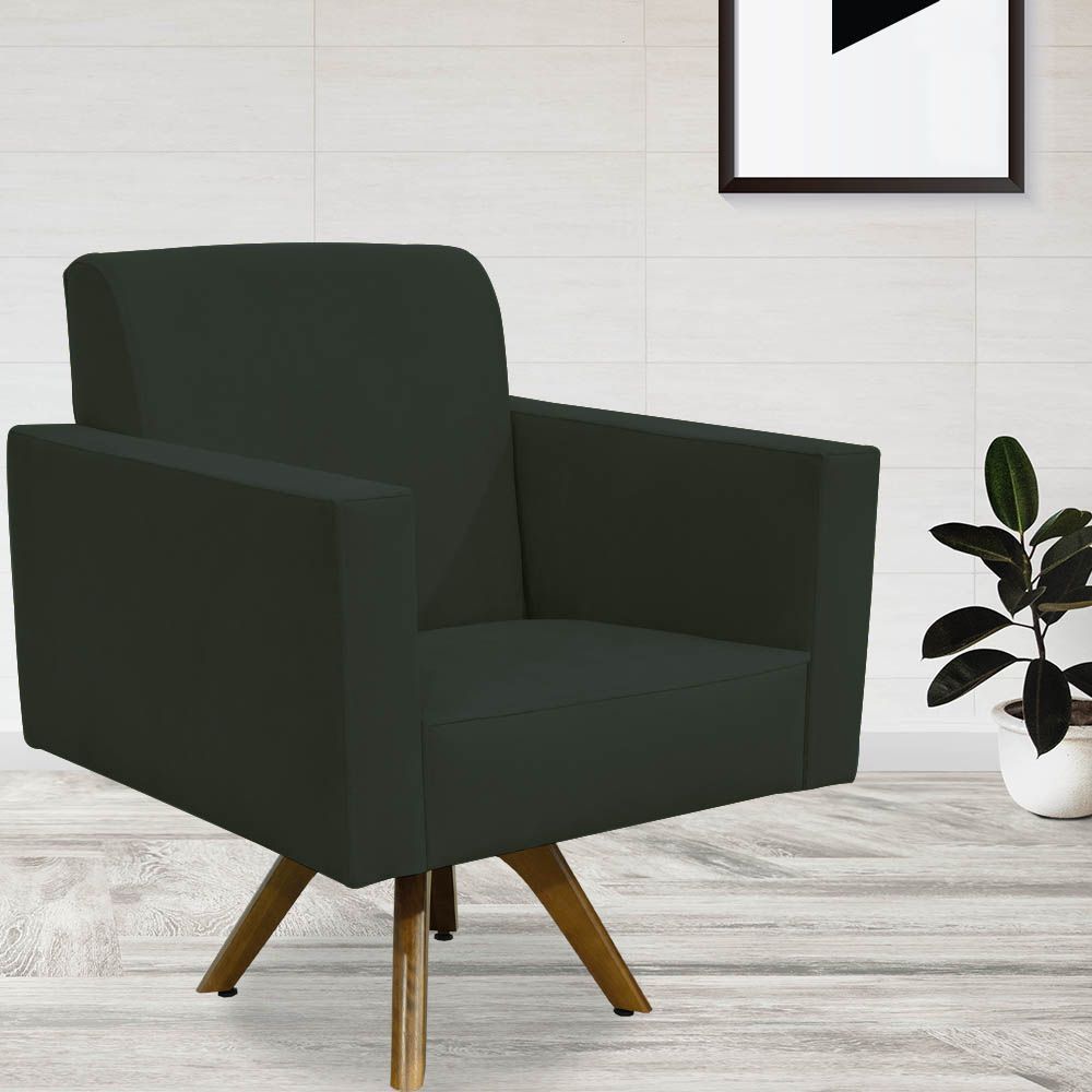 Kit 02 Poltronas Decorativas Giratória Sala de Estar Base de Madeira Helô L02 Suede Cinza - Lyam Decor