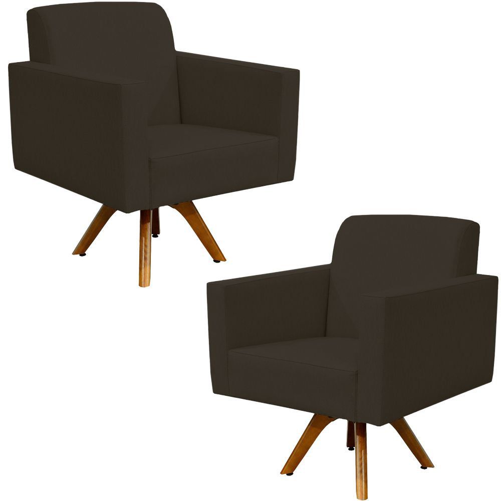 Kit 02 Poltronas Decorativas Giratória Sala de Estar Base de Madeira Helô L02 Suede Marrom - Lyam Decor